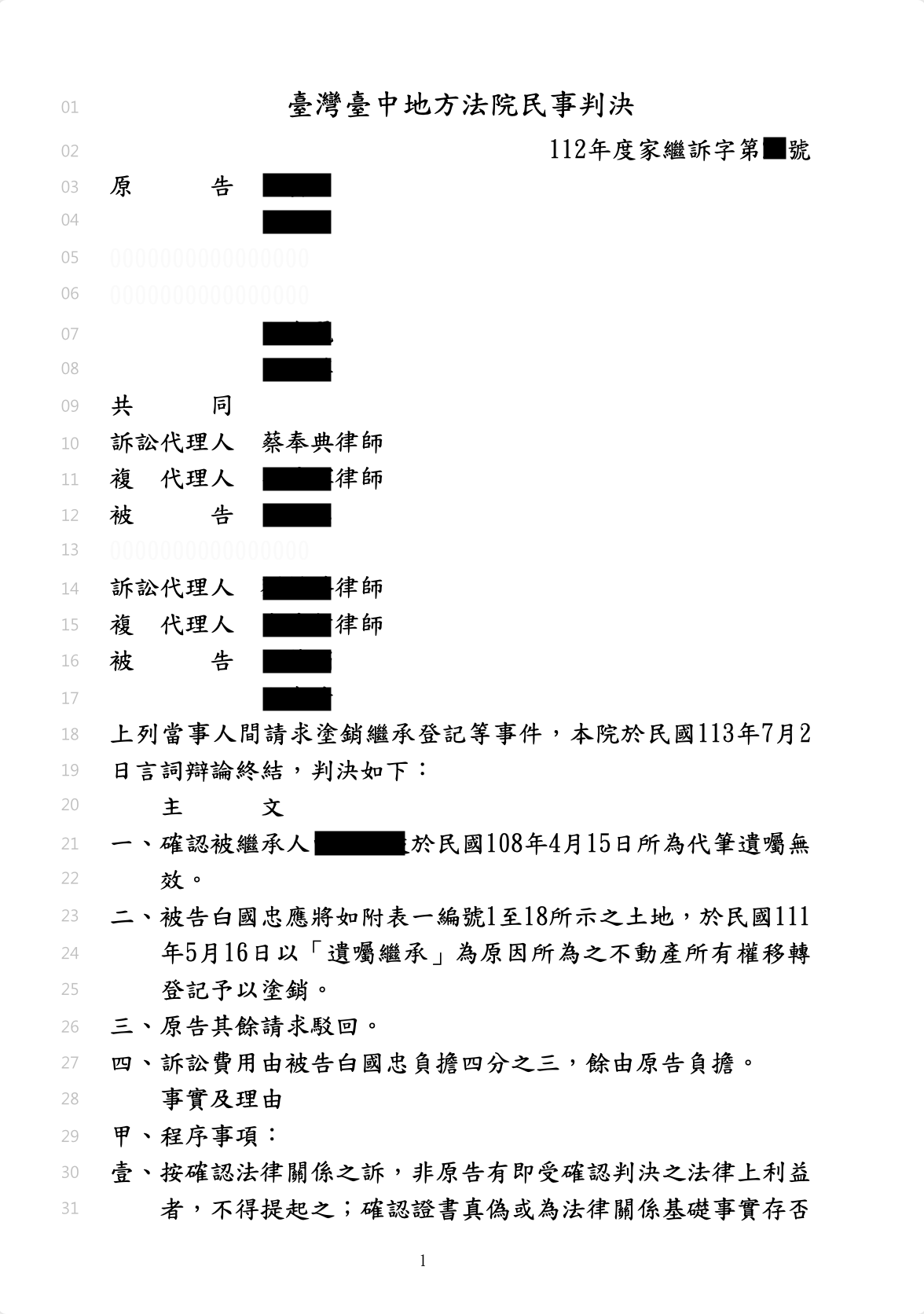 確認代筆遺囑無效案、蔡奉典律師
